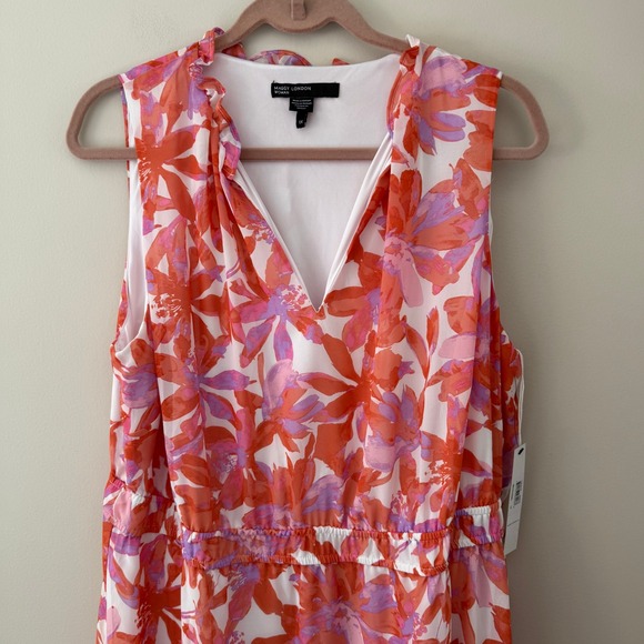 MAGGY LONDON WOMAN Floral Maxi Dress Orange Pink Lavender Tiered V-Neck 1X - Picture 2 of 7